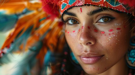 A woman wearing a headdress and face paint. She has brown eyes and a brown nose