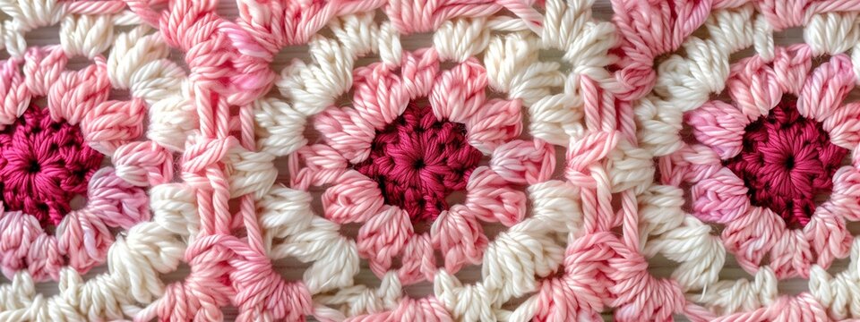 Knitted pink background with patterns top view. Crocheted granny squares. Horizontal close-up photo.