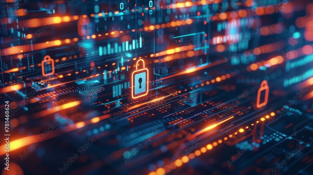 Poster digital security concept with glowing locks on a futuristic circuit board