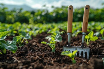Two gardening forks are sticking out from fertile soil, flanked by rows of young, healthy plants in a vibrant garden - obrazy, fototapety, plakaty