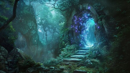 Mystical forest gateway with blue luminous energies, enchanting fantasy concept