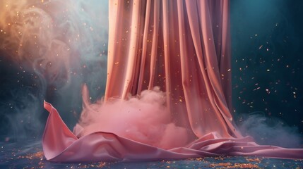 Dramatic reveal of a stage with smoke and scattered petals, abstract event concept