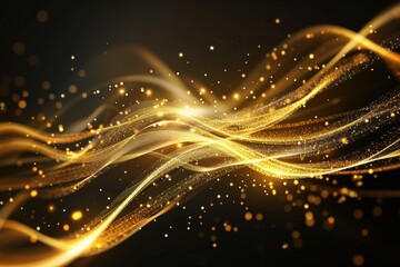 Golden waves. Glowing gold lines. Luxury background. Glowing lights, sparkles on black background.