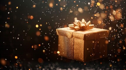 Fototapeta na wymiar Golden gift box with sparkling ribbon and glitter, festive background