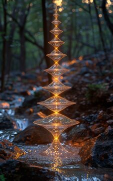 A tall, thin, glass sculpture is lit up and placed in a forest. The sculpture is surrounded by water and rocks, creating a serene and peaceful atmosphere