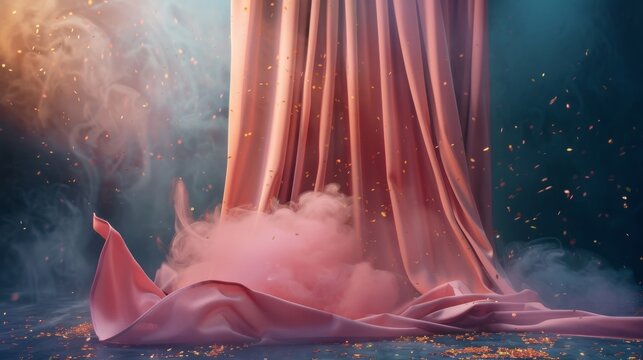Dramatic reveal of a stage with smoke and scattered petals, abstract event concept
