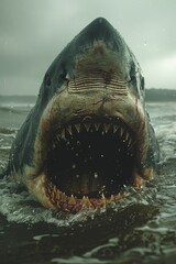 A shark is in the water with its mouth open. The shark is large and has a menacing look on its face. The water is choppy and the sky is cloudy. The scene is dark and ominous