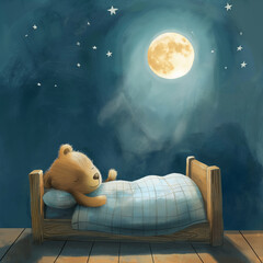 A cute bear sleeps in bed, children's book illustration. Restful sleep. Baby Teddy sleeps. Good night! - obrazy, fototapety, plakaty