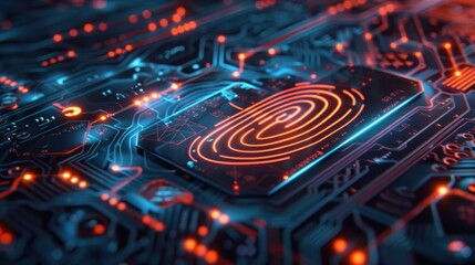 Futuristic bright fingerprint on the digital surface technology computer graphic. AI generated