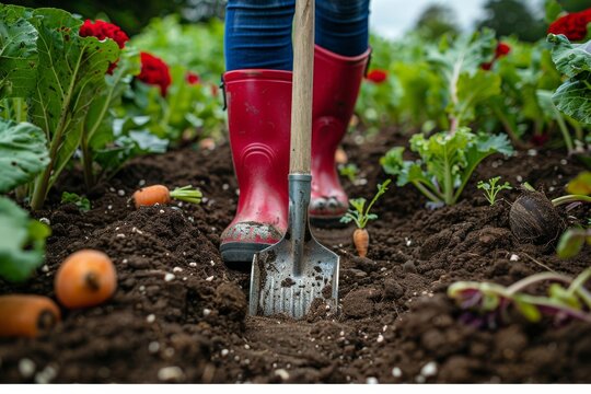In the midst of a garden, a person stands in red boots with a shovel in rich soil, indicating active gardening