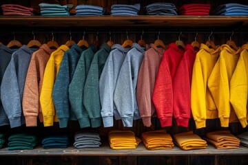Rows of multicolored hoodies neatly arranged on shelves, showcasing variety and organization in retail clothing