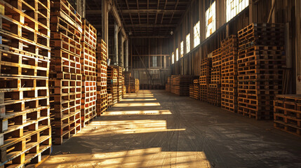 Stacked Wooden Pallets in a Spacious Warehouse Interior - obrazy, fototapety, plakaty