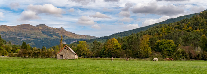 Belagua, Navarra, Spain - October 17, 2023: Rural house in Valley of Belagua