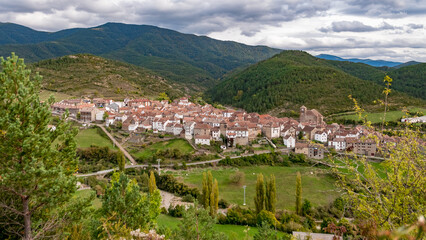 Fototapeta na wymiar Ansó, Huesca, Spain - October 18, 2023: General view of the village in Valle de Ansó, Pyrenees.