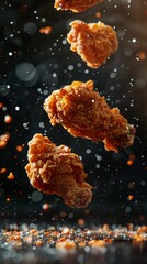 Three pieces of fried chicken are flying through the air. The image has a playful and fun mood, as if the chicken are having a party or celebration