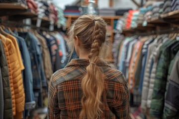 Fototapeta premium Back view of a woman with braided hair choosing apparel in a diverse clothing store
