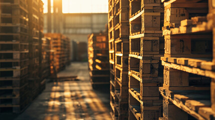 Sunlit Wooden Pallets Stacked in Spacious Warehouse - obrazy, fototapety, plakaty