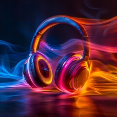 A pair of colorful headphones is displayed in a colorful background. The headphones are positioned in a way that they appear to be in motion, as if they are being blown by a gust of wind - obrazy, fototapety, plakaty