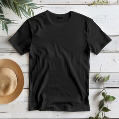A black shirt is displayed on a table with a straw hat and a leafy green plant. The shirt is unbuttoned and the hat is placed on top of it. Scene is casual and relaxed
