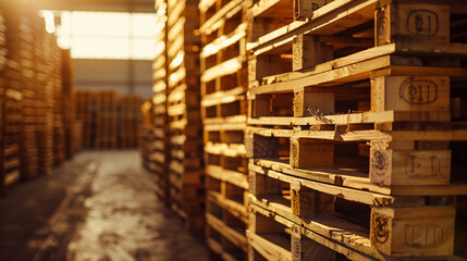 Stacks of Wooden Pallets Illuminated in Warehouse Space