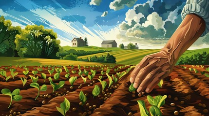 Illustrate the beginning of seasonal agricultural tasks with a farmer engaging in the timeless tradition of planting seeds by hand - obrazy, fototapety, plakaty