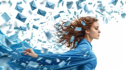 Blue dress Woman with levitating, flying envelopes. E-mail marketing concept.