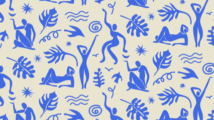Abstract seamless pattern with women figures, plants and organic shapes inspired by Matisse paper cut style. Vector illustration for brochure covers, wallpaper, wrapping paper, textiles print 