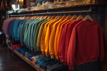 Obraz premium A warm selection of sweatshirts in various colors displayed on a wooden rack in a cozy apparel store