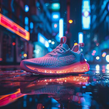 A sneaker with lights on it is shown in a city setting. The shoe is lit up in neon colors, giving it a futuristic and modern look