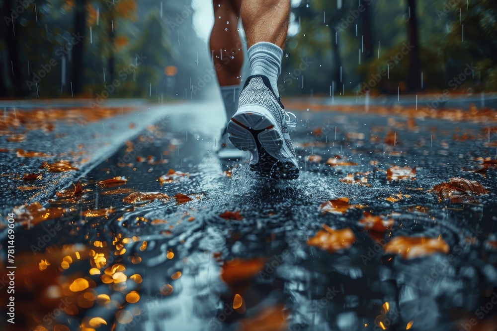 Poster close-up of a running shoe making a splash in a puddle, depicting motion and the essence of persever