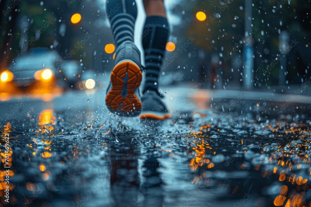 Poster a captivating visualization of a person running on a wet city road with splashing water highlighting