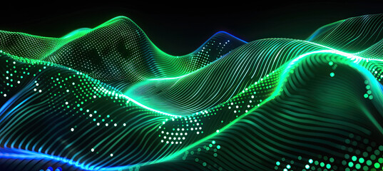 Abstract futuristic background with green blue glowing neon moving high speed wave lines