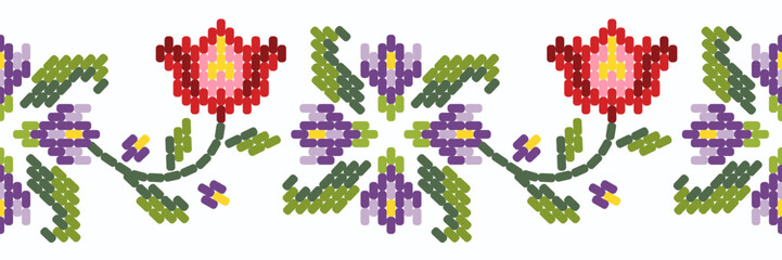 Floral pixel art border pattern on white background vector illustration. Geometric flower embroidery. Rose border floral. Motif ethnic handmade stitch flower pattern.  Romanian flok art knitted.