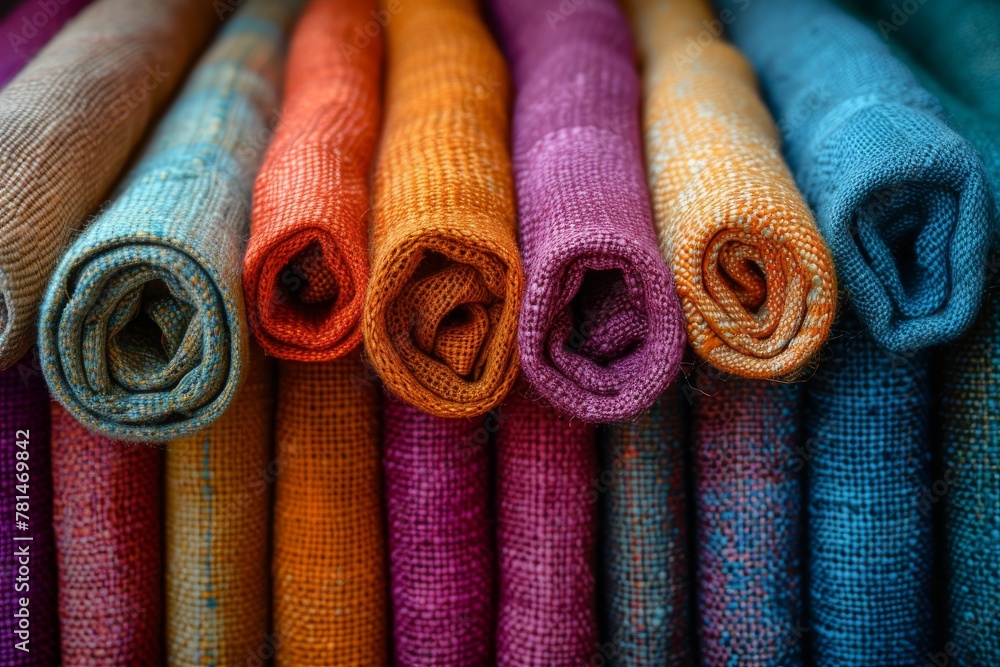 Poster vivid image of various colorful rolled textile fabrics arranged neatly showcasing the textures and p