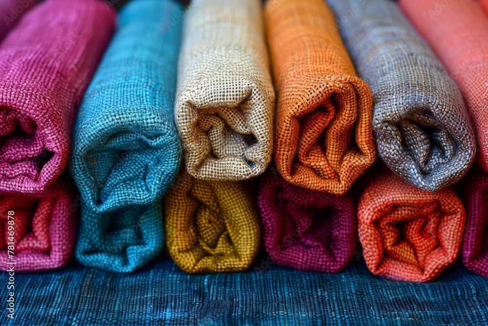 Poster an array of close-up shots of various rolled fabrics showcasing the detailed weave and vibrant hues