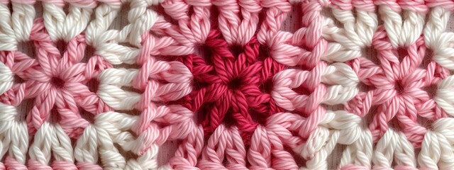 Knitted pink background with patterns top view. Crocheted granny squares. Horizontal close-up photo.