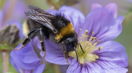 Bumblebee Pollinating a Purple Flower in Daylight
