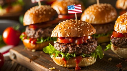 American burgers with sesame seeds, lettuce, tomatoes, and cheese.