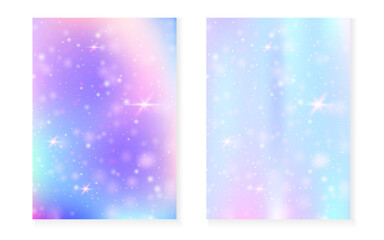 Princess background with kawaii rainbow gradient. Magic unicorn hologram. Holographic fairy set. Creative fantasy cover. Princess background with sparkles and stars for cute girl party invitation.