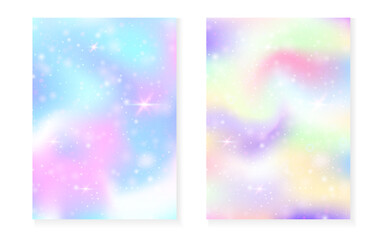 Unicorn background with kawaii magic gradient. Princess rainbow hologram. Holographic fairy set. Vibrant fantasy cover. Unicorn background with sparkles and stars for cute girl party invitation.