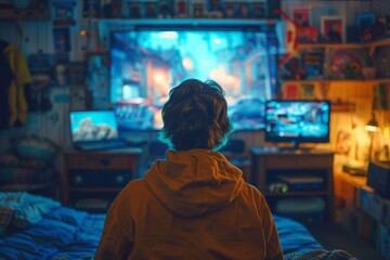 Obraz premium A young person with their back facing the camera is deeply immersed in playing a high-action video game on a large screen