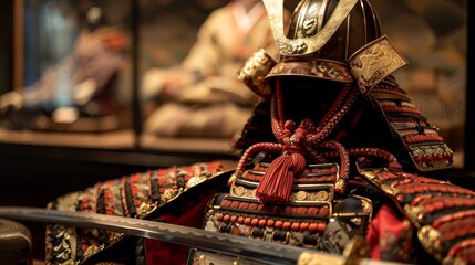 Detailed samurai armor with helmet and sword in a reflective display