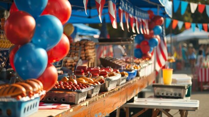 Outdoor food stall with hot dogs and balloons. Festive street fair with American flag theme. - obrazy, fototapety, plakaty
