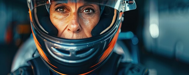 aged gray haired female racer with wrinkles wearing helmet and protective glasses - Powered by Adobe