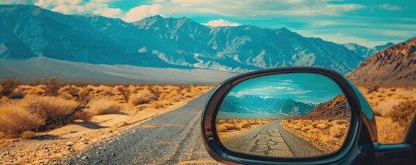 Amazing view of mountains in side mirror of car on roadtrip
