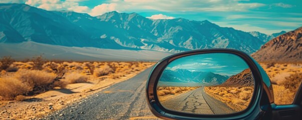 Amazing view of mountains in side mirror of car on roadtrip