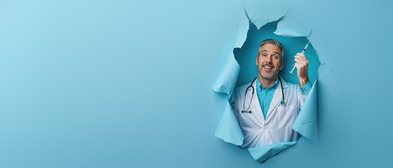 Happy male doctor in medical attire holding a lightbulb breaks through a turquoise paper background