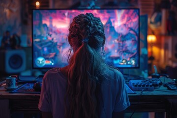 Fototapeta premium A woman is fully engaged and enjoying an immersive gaming experience with a colorful and vibrant screen in front of her