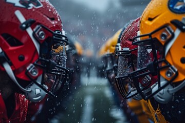 Intense close-up of football players facing off, their helmets covered in raindrops, conveying determination and strength