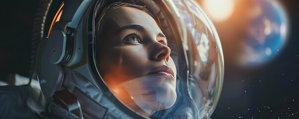 Astronaut woman with helmet looking up.
